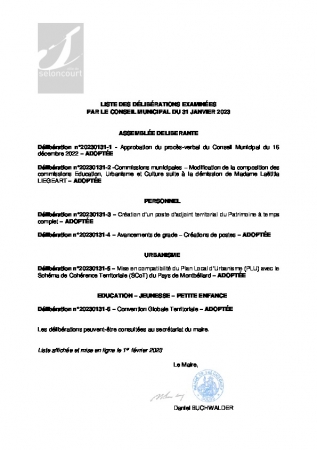 LISTE DES DELIBERATIONS CM 31 JANVIER 2023